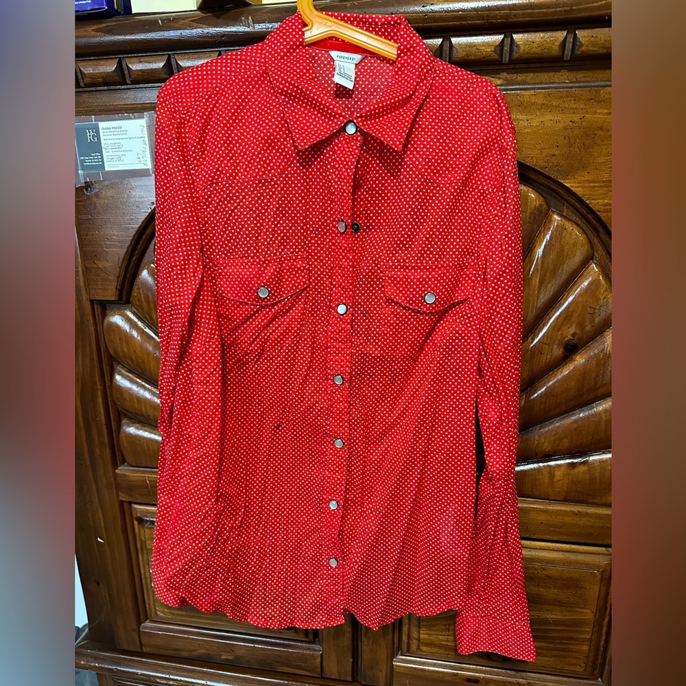 Red/white polka dot long sleeve blouse with collar
